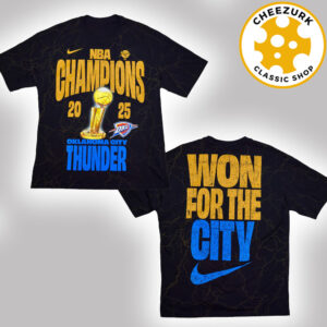 Oklahoma City Thunder X Nike Limited Edition Tee 2025 NBA Finals Champions Locker Room Confetti All Over Print Shirt