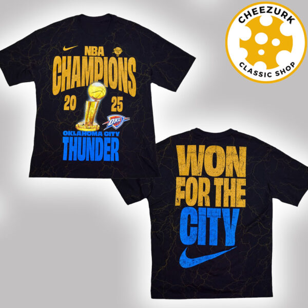 Oklahoma City Thunder X Nike Limited Edition Tee 2025 NBA Finals Champions Locker Room Confetti All Over Print Shirt